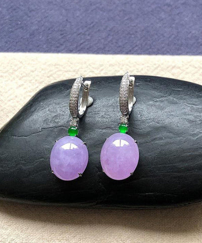 Pendientes colgantes de jade y circonita con incrustaciones de plata de ley morada
