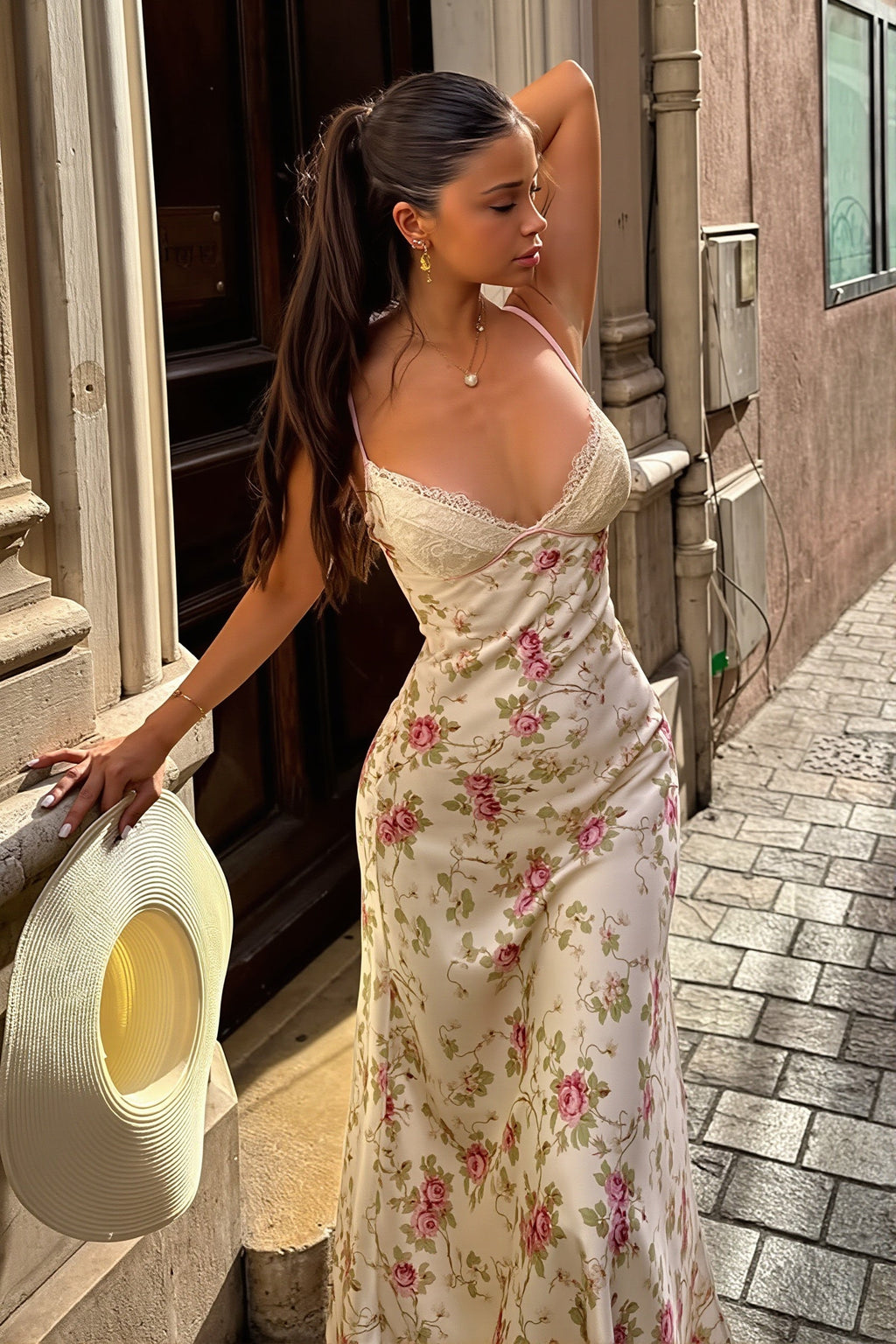Satin Lace Floral Printed Cami Maxi Dress