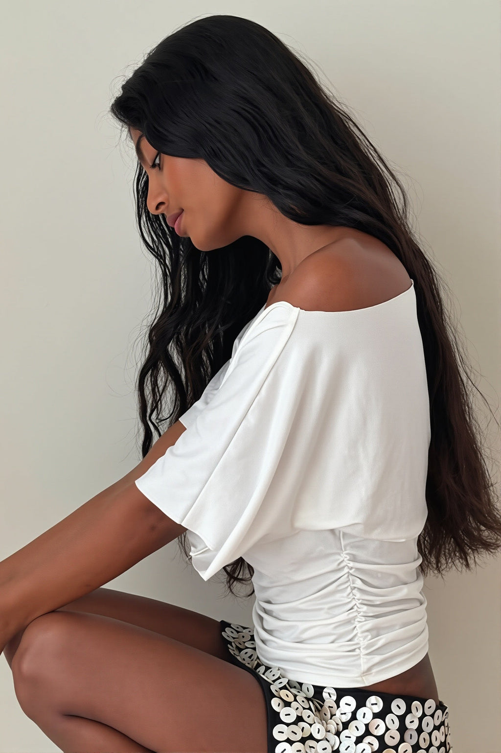 Ruched Off Shoulder Slim T-shirt