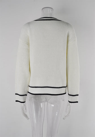 Abrigo tipo suéter con cuello en V y bolsillos a juego de colores para mujer, talla grande 