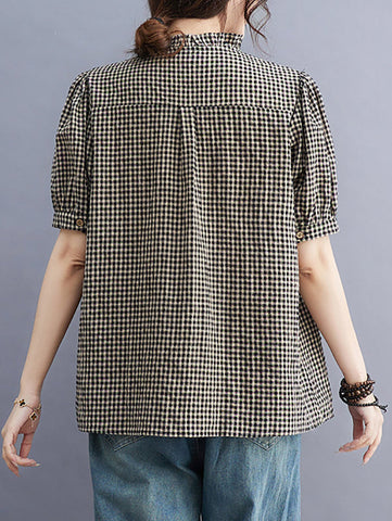Loose Oversize Plaid Pleated Split-Joint V-Neck Blouses