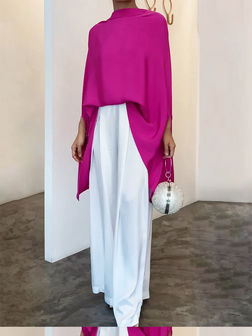 Batwing Sleeves Loose Solid Color High-Neck T-Shirts Tops