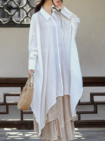 Loose Raglan Sleeve See-Through Solid Color Split-Joint Split-Side Lapel Blouses