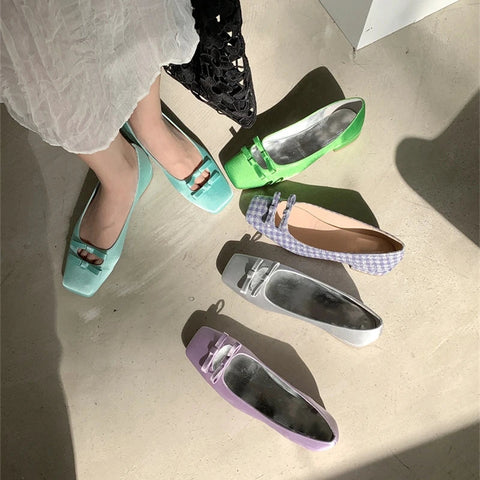 Zapatos de ballet para mujer, primavera y otoño 2024, nueva moda, zapatos Mary Jane de punta cuadrada, mocasines con lazo para mujer