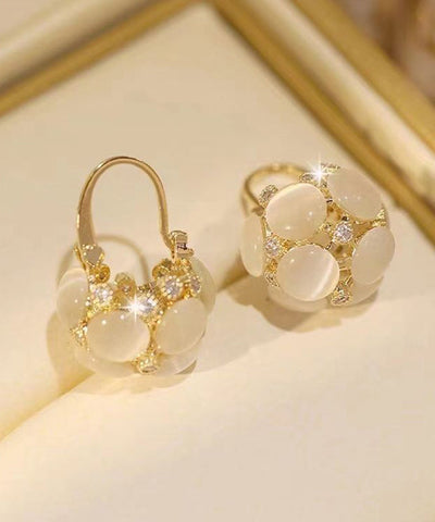 Pendientes de aro con forma de cesta de flores y piedra de ojo de gato sobredorada en plata de ley dorada para mujer 