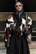 Cow Print Faux Leather Notch Collar Coat
