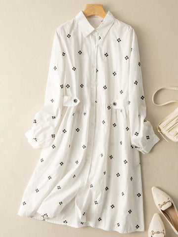 Vestido camisero de manga larga con estampado floral y bolsillos, 100 % tela natural 