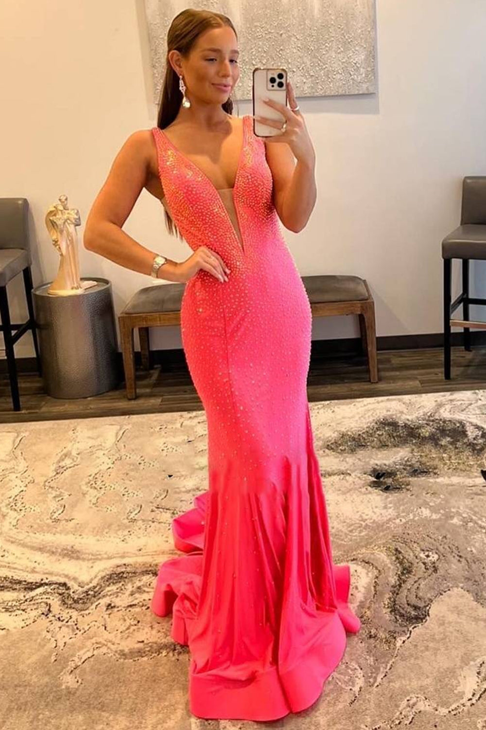 Mermaid Deep V Neck Pink Long Prom Dress with Beading