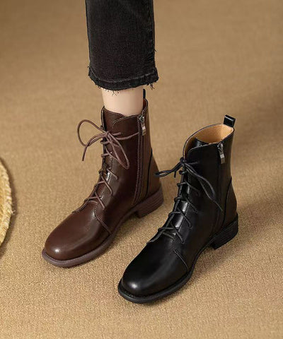 Neu Rindsleder Stiefel Reißverschluss Lace Up Spleißen Braun 