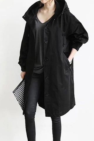 British Style Solid Pocket Buttons Hooded Collar Outerwear