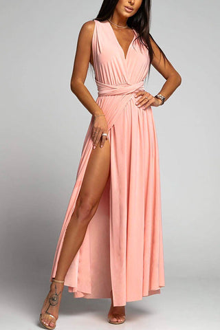 Vestido de fiesta largo Meridress con escote en V, sin mangas, espalda cruzada y abertura alta