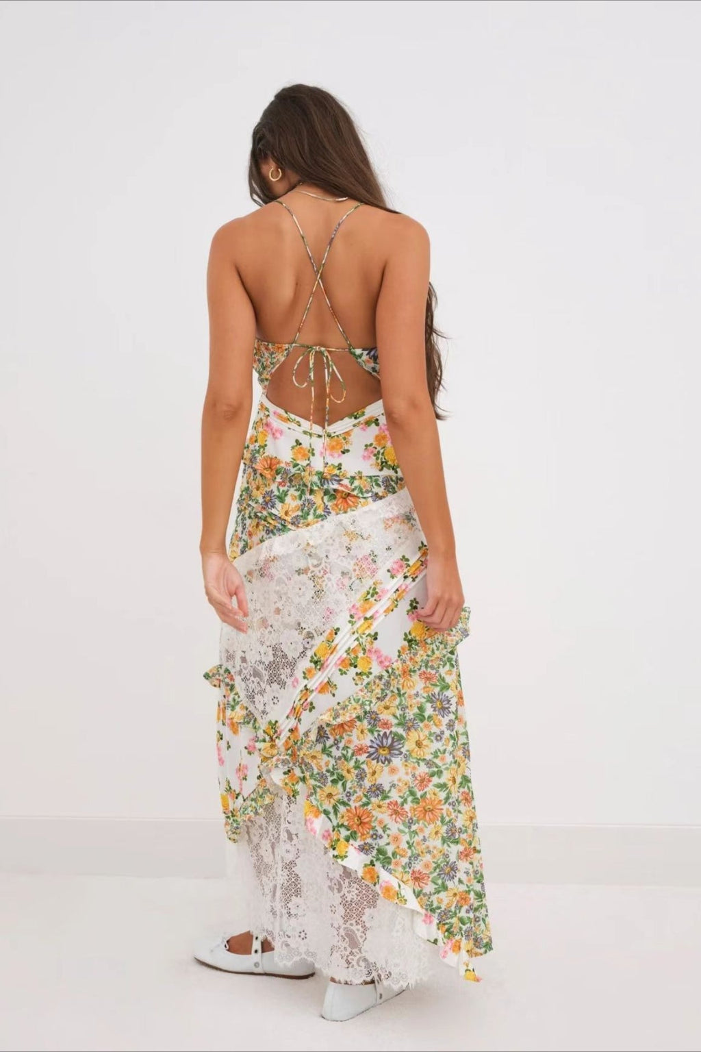 Deep V Ruffle Floral Lace Patchwork Cami Maxi Dress