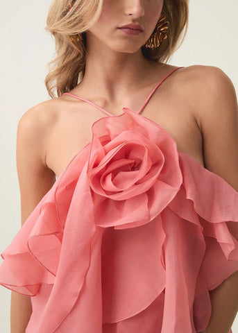 Orangefarbenes, geblümtes, ärmelloses Spaghettiträgerkleid aus Baumwolle mit kalter Schulter 