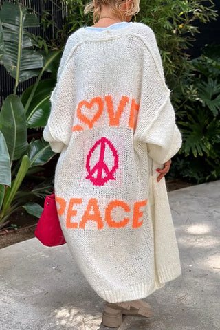 Suéter largo tipo cárdigan con estampado "Amor y Paz" y frente abierto (en 5 colores) 