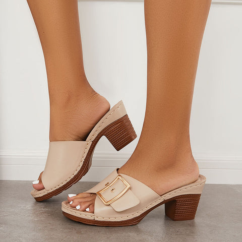 Buckle Decor Chunky Block Heel Mules Slide Sandals