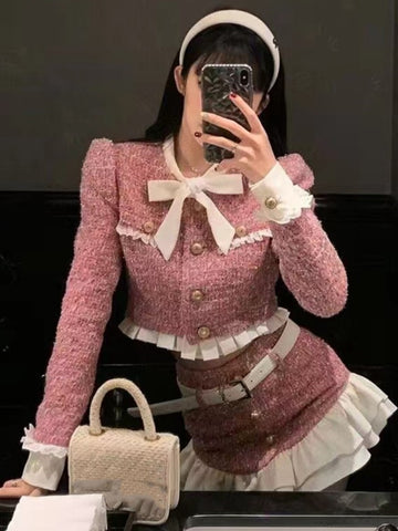 Y2K Tweed 2-teiliges Set für Frauen, Kurzjacke, Mantel + Minirock, Anzüge mit Gürtel, Herbst/Winter, hochwertige koreanische schicke Outfits 