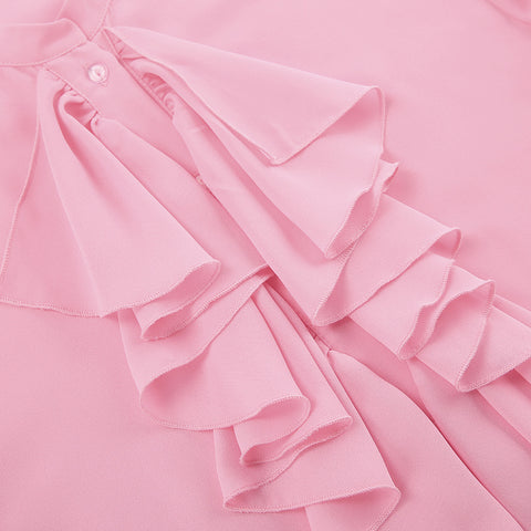 Bluse aus transparentem Chiffon mit Rundhalsausschnitt, Glockenärmeln und Wasserfall-Rüschen 