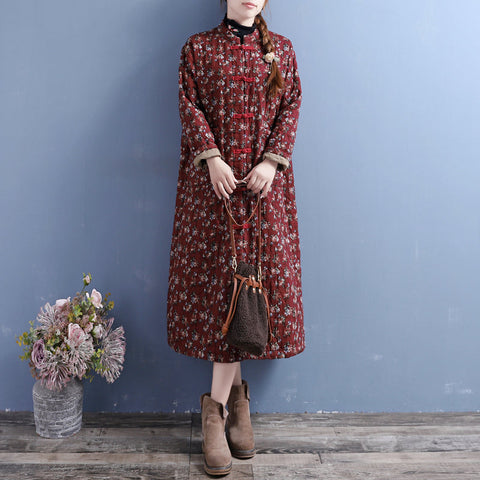 Vestido de lino y algodón acolchado con estampado floral retro de invierno 