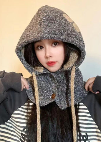 Gorro de punto azul cálido de invierno y cuello integrado resistente al viento y cálido 