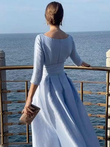 Three-Quarter Sleeves Solid Color Tied Waist Boat Neck Maxi Dresses