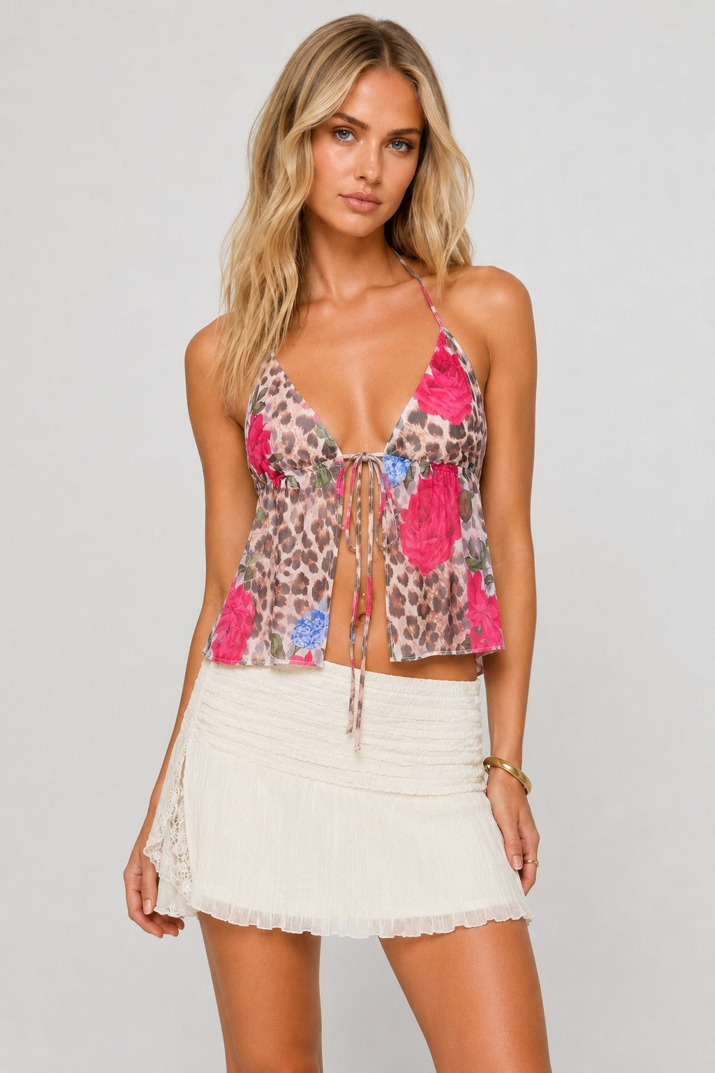 Leopard Floral Sexy Tie Halter Top