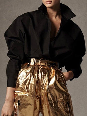 Long Sleeves Loose Solid Color Stand Collar Blouses&Shirts Tops