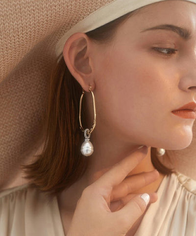 Pendientes de aro con perla y circonitas de aleación de plata esterlina y oro de moda 