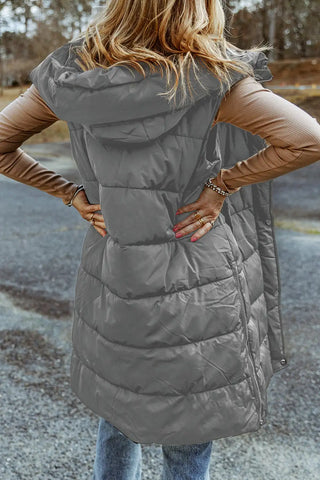 stylish dark grey quilted hooded long vest coat