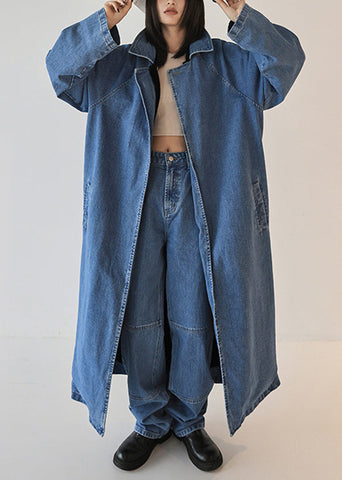 French Blue Oversized Beidseitig tragbarer Denim-Trenchcoat für den Herbst 