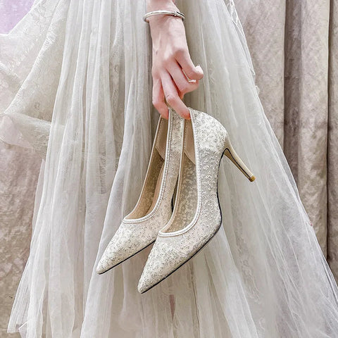High heels women's slim heels sequins sexy mesh bridal wedding shoes bridesmaids' lace wedding shoes banquet dress shoes
