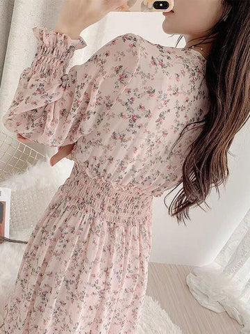 Classic Floral Ruffle Chiffon Dress-Pink