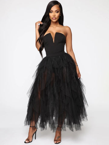 Tulle Dress Off The Shoulder Tiny V-Neck Backless Prom Party Maxi Dresses