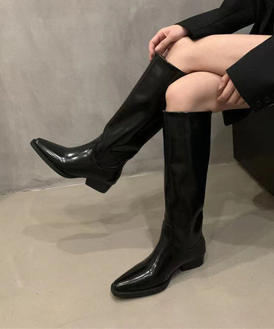 Französische schwarze Ritterstiefel mit spitzer Zehenpartie für Herbst und Winter 