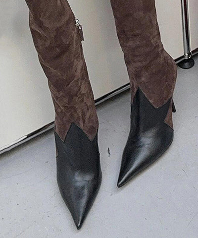 Botas marrones de tacón de aguja de ante hechas a mano con empalme de punta puntiaguda 