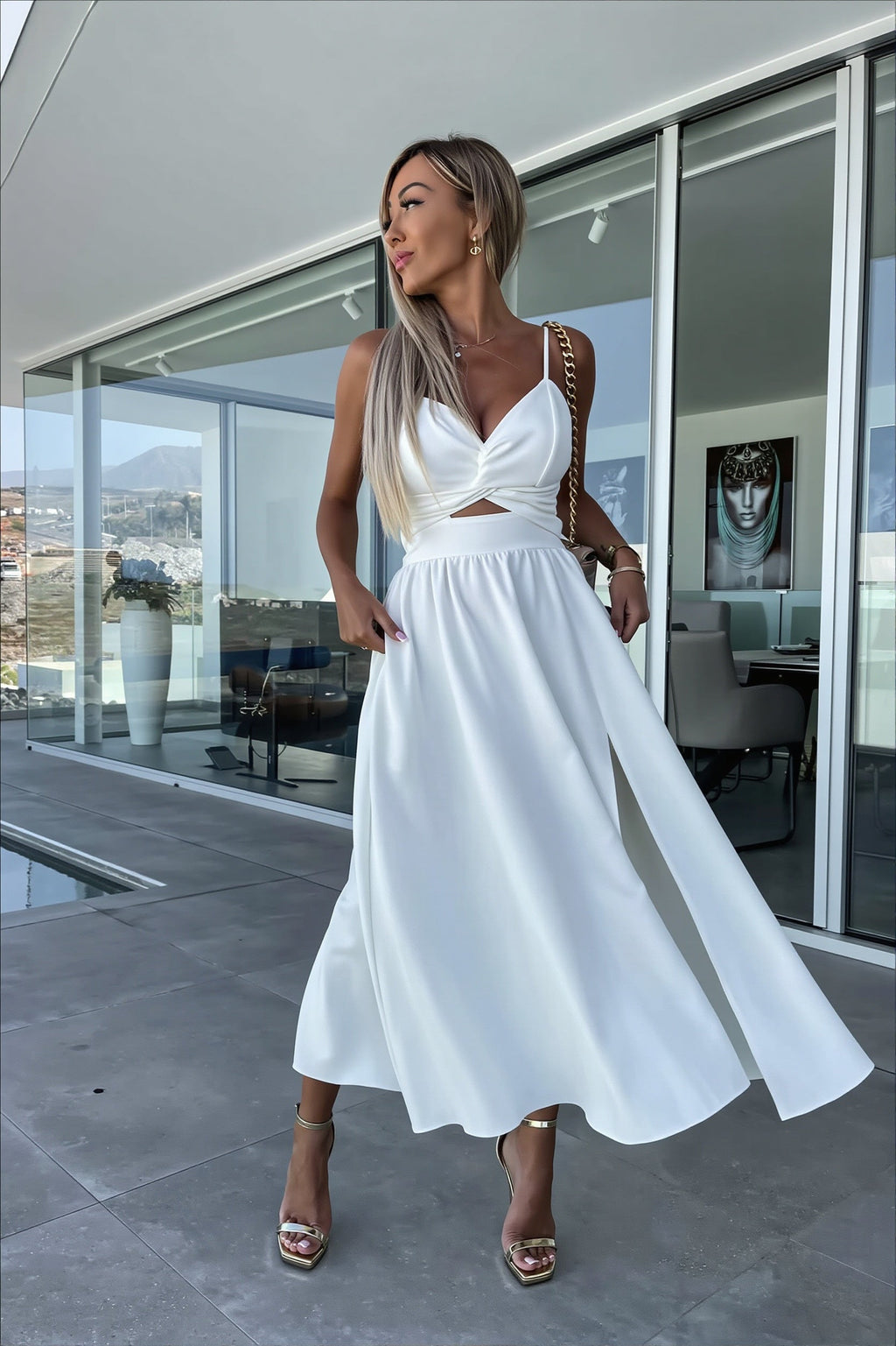 Solid Deep V Cut Out Cami Swing Slit Maxi Dress