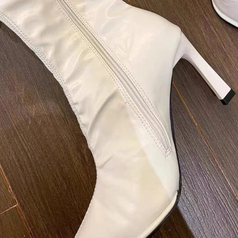 Botas cortavientos para mujer, zapatos de tacón alto, primavera otoño 2024, nuevas botas de caballero de piel suave con tacón fino y puntiagudo hasta la rodilla. 