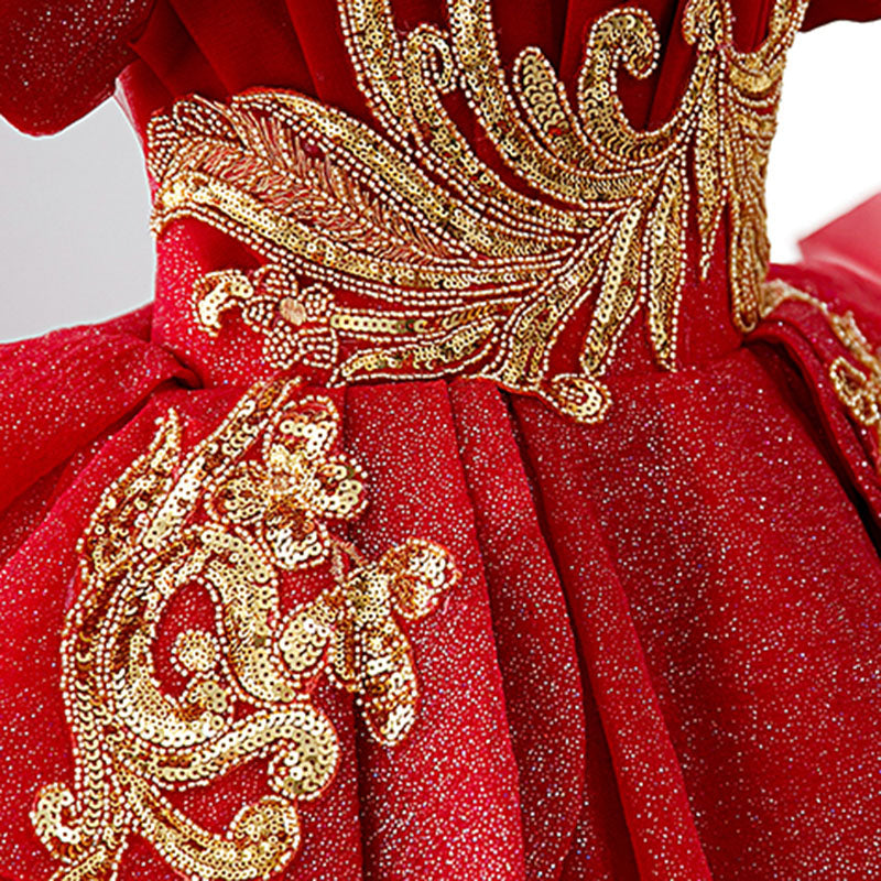 Mädchen-Weihnachtskleid, Baby-Kommunionskleid, luxuriöses rotes besticktes Prinzessinnenkleid für Hochzeiten und Partys 