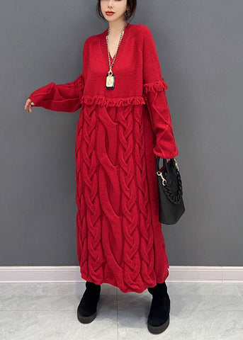 Vestido suéter suelto de punto con borlas y cuello en V rojo para mujer para invierno 