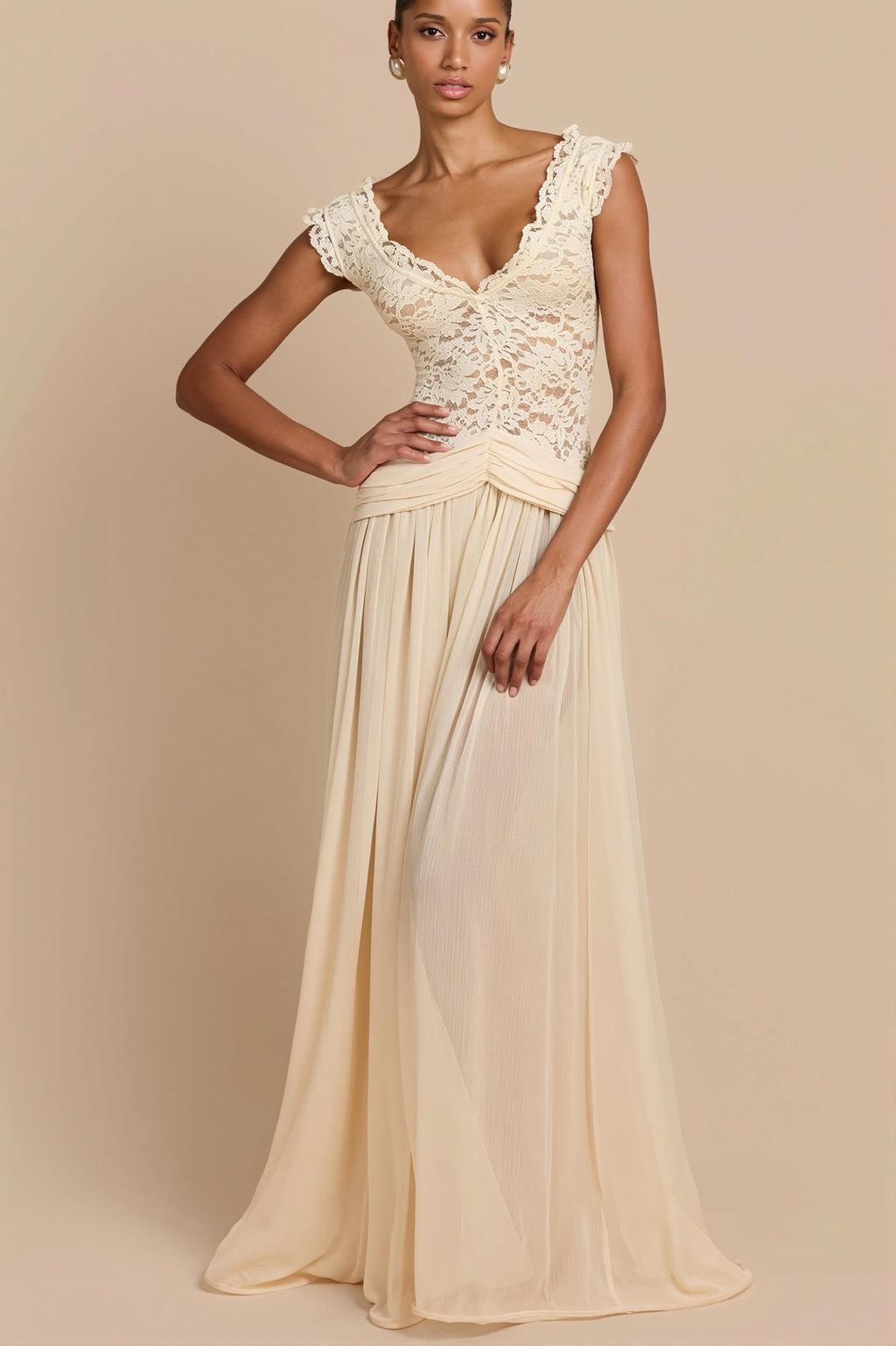 Sheer Lace V Neck Elegant Maxi Dress