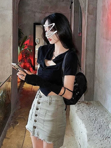 High Street Short Sleeve T-shirt Women Harajuku Summer Hollow Out Slim Design Ins Korean Style Above Navel Cropped Top All-match