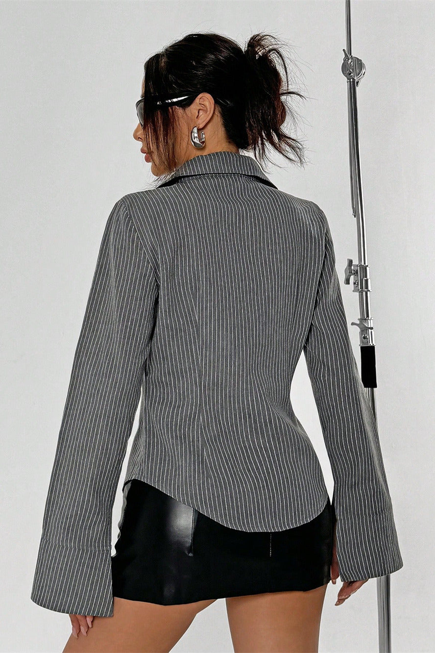 Button Striped Long Sleeve Shirt Cardigan Blouse