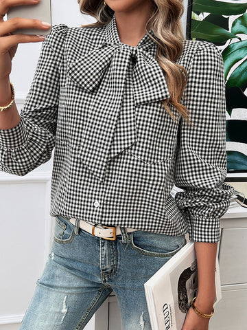 Long Sleeves Loose Buttoned Plaid Pockets Split-Joint Tied Mock Neck Blouses&Shirts Tops