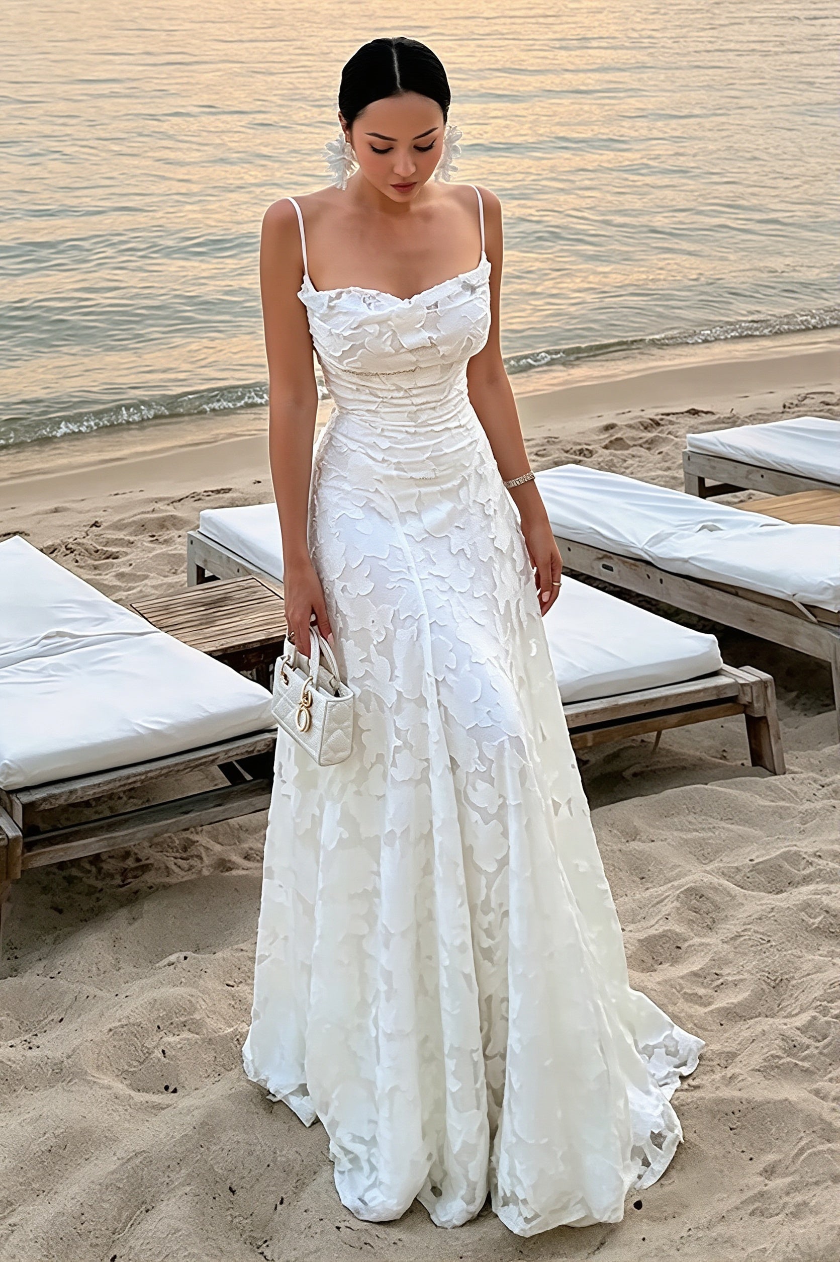 Chiffon Jacquard Backless Cami Maxi Dress