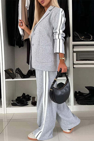 Patchwork-Blazer mit Revers und Taschen, elastische Taille, Hose mit weitem Bein, Freizeit-Set 