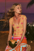 Floral Sheer Elastic Cropped Slim T-shirt