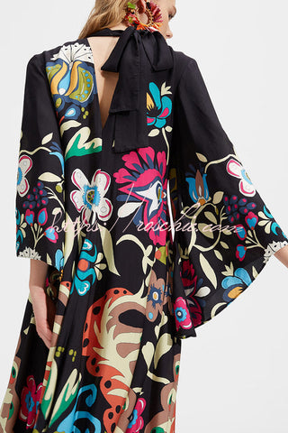 Shine The Light Unique Printed High Neck Bell Sleeve Loose Maxi Dress