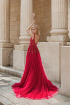 Mysteria  deep V-neck lace soft tulle prom dress colored wedding dress