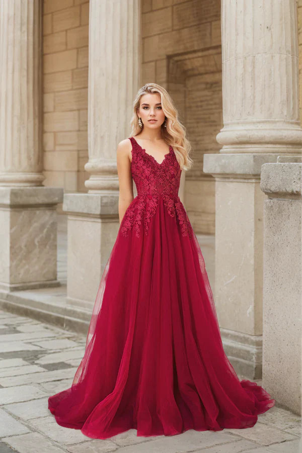 Mysteria  deep V-neck lace soft tulle prom dress colored wedding dress