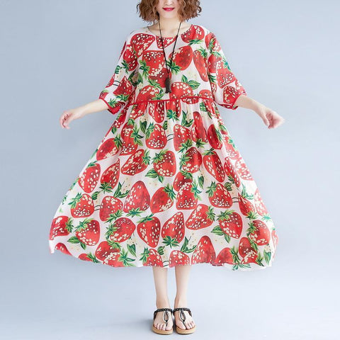 Vestido de gasa natural con estampado rojo para mujer, vestido extragrande, boutique, manga corta, cuello redondo, vestido midi con dobladillo extra grande 