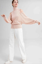 High Neck Off-Shoulder Double Layer Knit Sweater